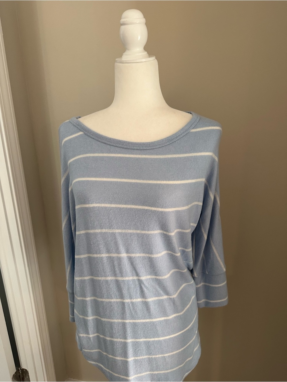 Market & Spruce Light Blue and White Striped Boatneck Long Sleeve Top